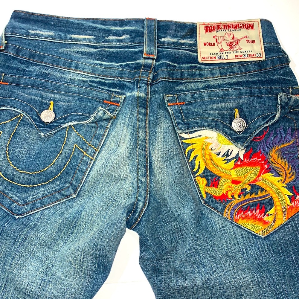 VTG TRUE RELIGION BILLY DENIM 30x33 EMBROIDERED TIGER ON BACK POCKET DISTRESSED